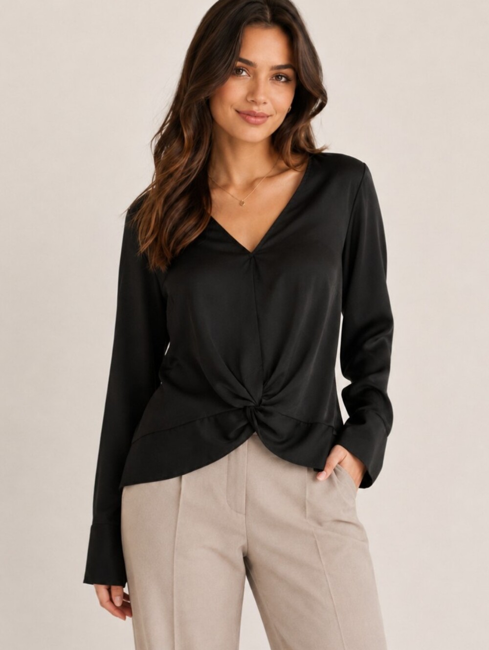 Express Black Satin Twist Front V-Neck Blouse Size Large